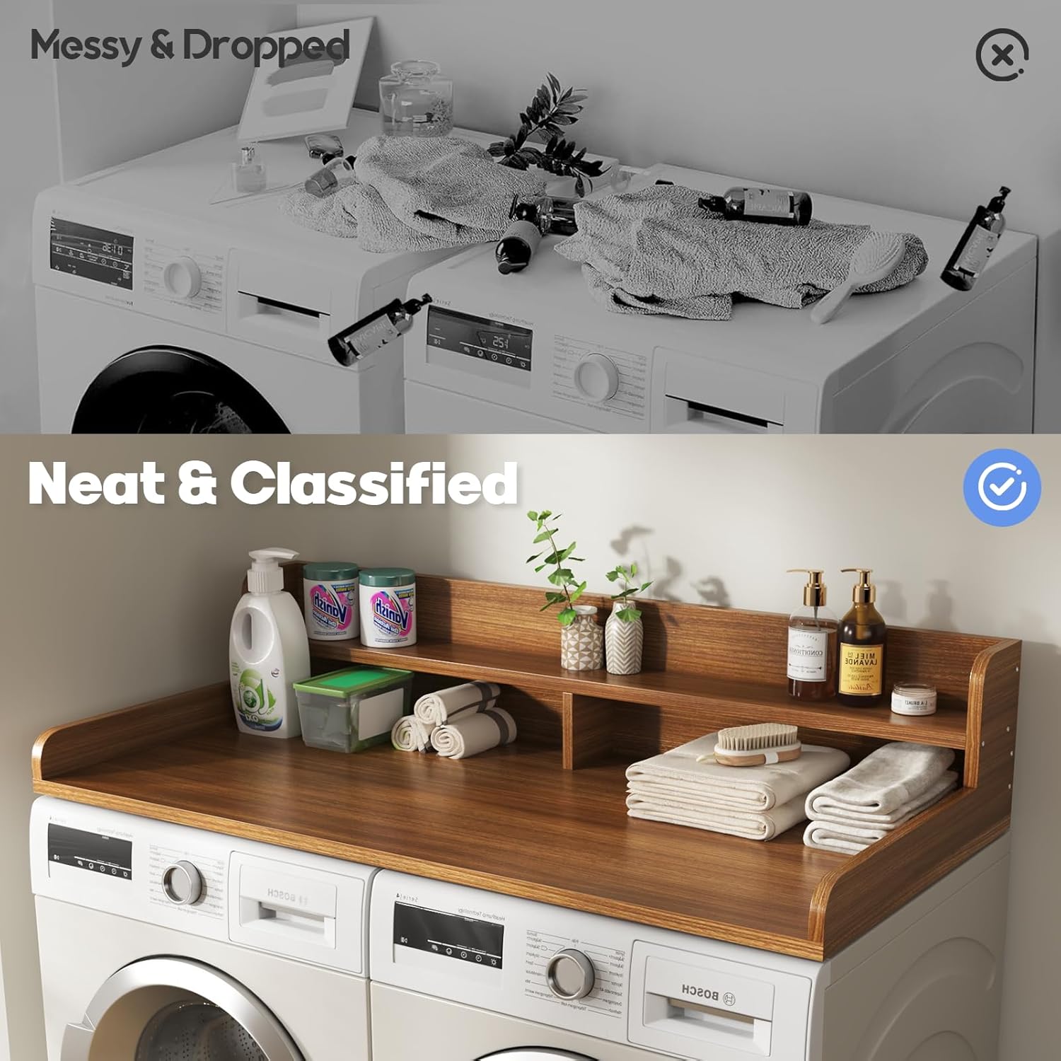 2-Tier Washer and Dryer Countertop with 2.75" H Guard,54" W x 27.5" D Laundry Countertop Cover with Non-Slip Pad,Large Space Laundry Topper for Folding Clothes Over Washer and Dryer-Brown