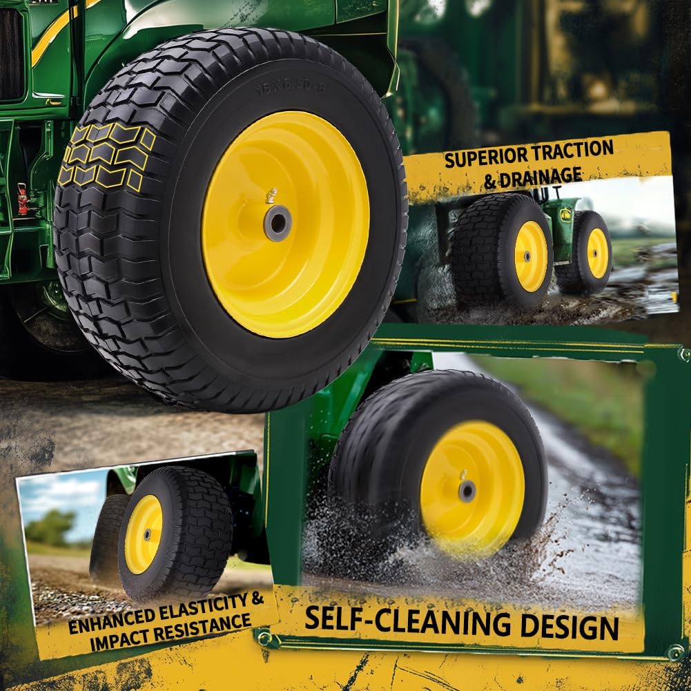 16x6.50-8 Tire and Wheel Assembly (2 Pack), Pre-Installed 3/4" Bushing, 3" Offset Hub, Flat Free Solid Rubber Tire, For Compatible 3/4" Axle Lawn & Garden Equipment (Yellow)