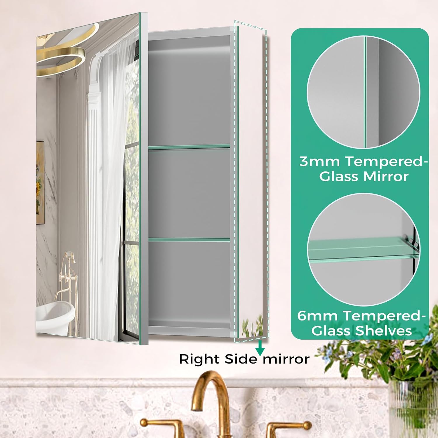 20 x 26 in Medicine Cabinet Mirror,Bathroom Mirror Cabinet with Adjustable Shelves,Aluminum Silver Medicine Cabinets for Bathroom,Recessed or Wall Mounted Medicine Cabinets（Assembly Required