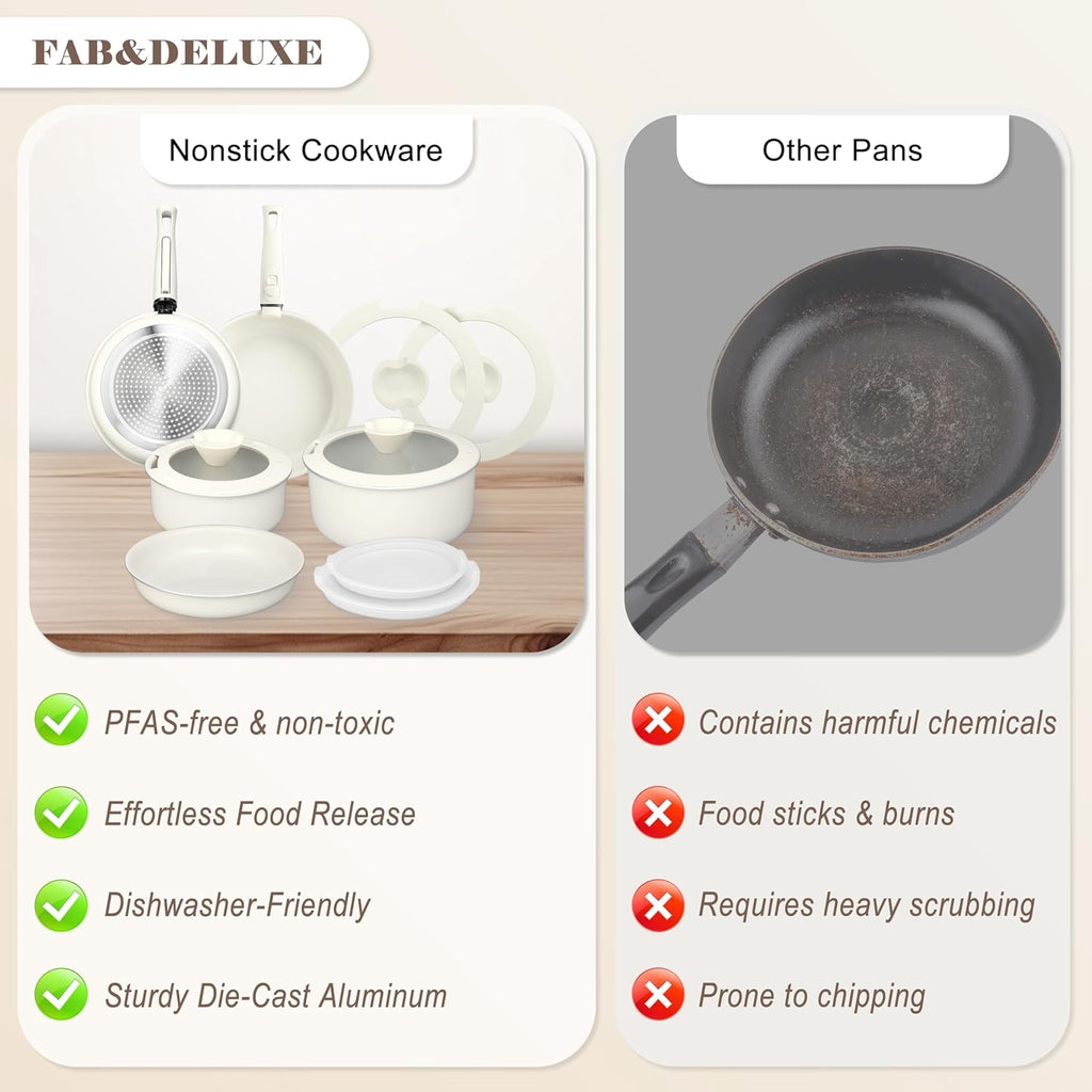 13 Pcs Pots and Pans Set, Nonstick Cookware Set with Lids and Detachable Handle, PFAS & PFOA Free, Non-Toxic Healthy Kitchen Cooking Set