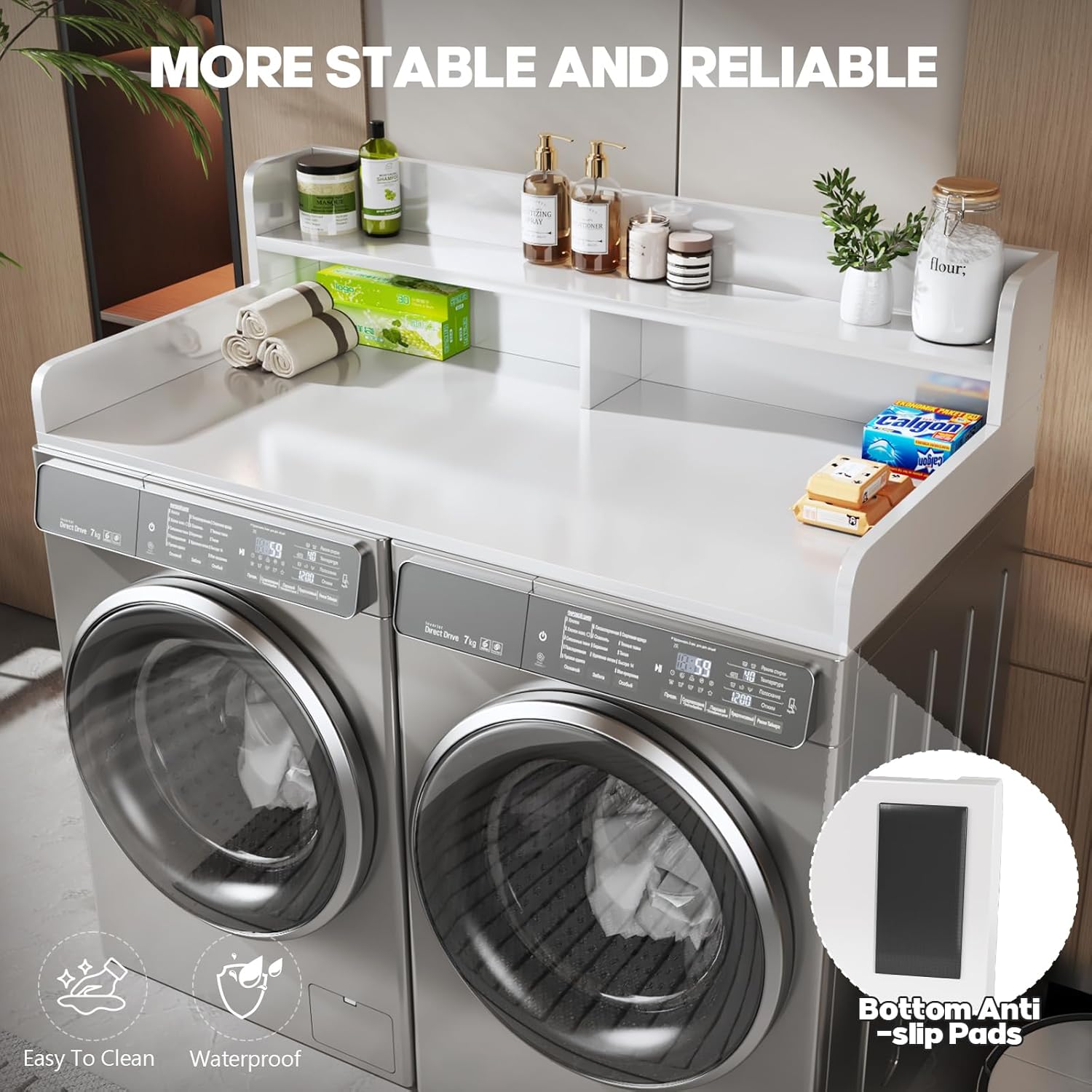2-Tier Washer and Dryer Countertop with 2.75" H Guard,54" W x 27.5" D Laundry Countertop Cover with Non-Slip Pad,Large Space Laundry Topper for Folding Clothes Over Washer and Dryer-White