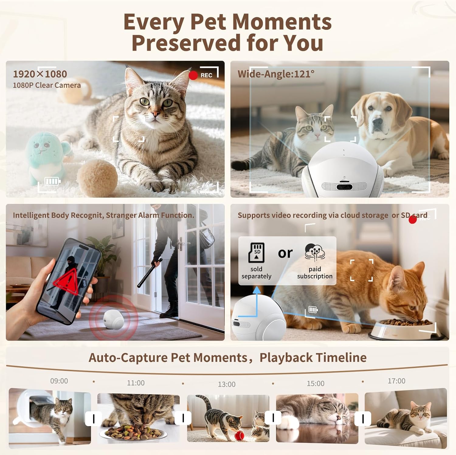 1080P Pet Camera Robot: Indoor Movable Home Security Camera with App Control, Night Vision, 2-Way Talk, Motion Detection, SD Card Storage, Smart Pet Cam for Cat/Dog/Baby/Elderly Monitor