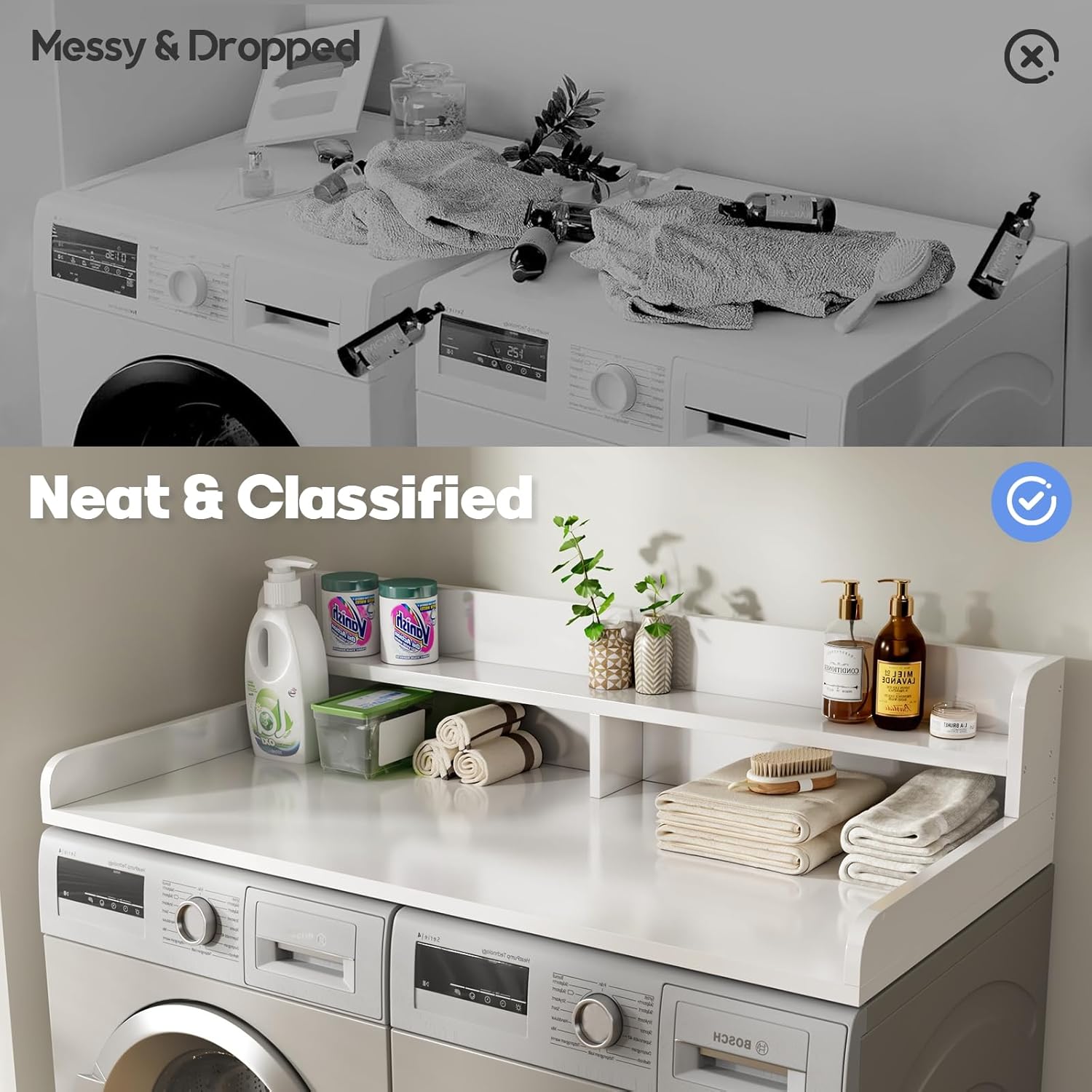 2-Tier Washer and Dryer Countertop with 2.75" H Guard,54" W x 27.5" D Laundry Countertop Cover with Non-Slip Pad,Large Space Laundry Topper for Folding Clothes Over Washer and Dryer-White
