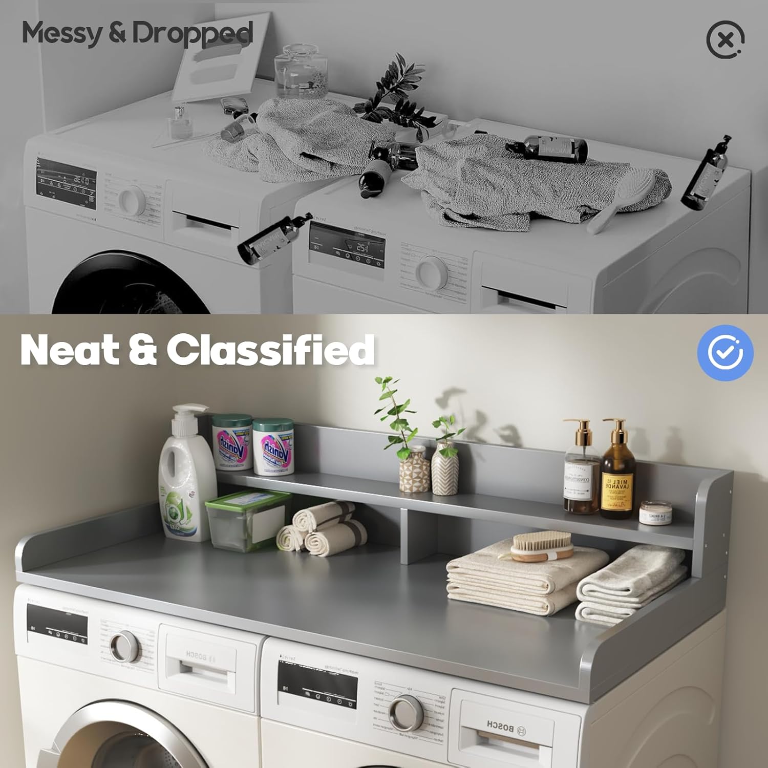 2-Tier Washer and Dryer Countertop with 2.75" H Guard,54" W x 27.5" D Laundry Countertop Cover with Non-Slip Pad,Large Space Laundry Topper for Folding Clothes Over Washer and Dryer-Gray