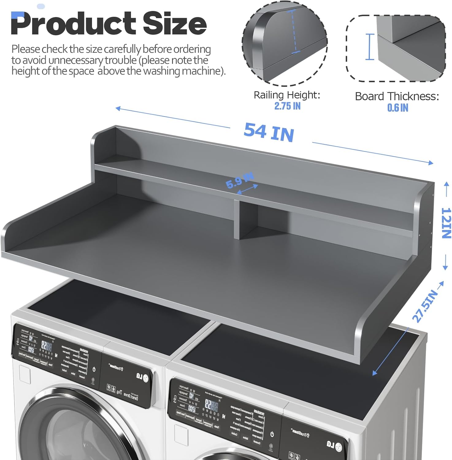2-Tier Washer and Dryer Countertop with 2.75" H Guard,54" W x 27.5" D Laundry Countertop Cover with Non-Slip Pad,Large Space Laundry Topper for Folding Clothes Over Washer and Dryer-Gray