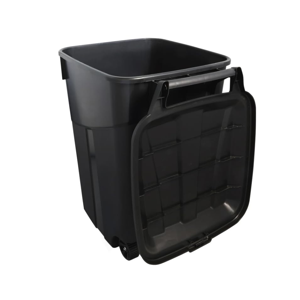 2 PCS 45 Gallon Heavy Duty Plastic Garbage Cans Trash Cans Rubbish Bin Attached Lid 2 Built in Rugged Wheels Easy Grip Handle Click Lock Lid Design Perfect for Both Indoor Or Outdoor Use
