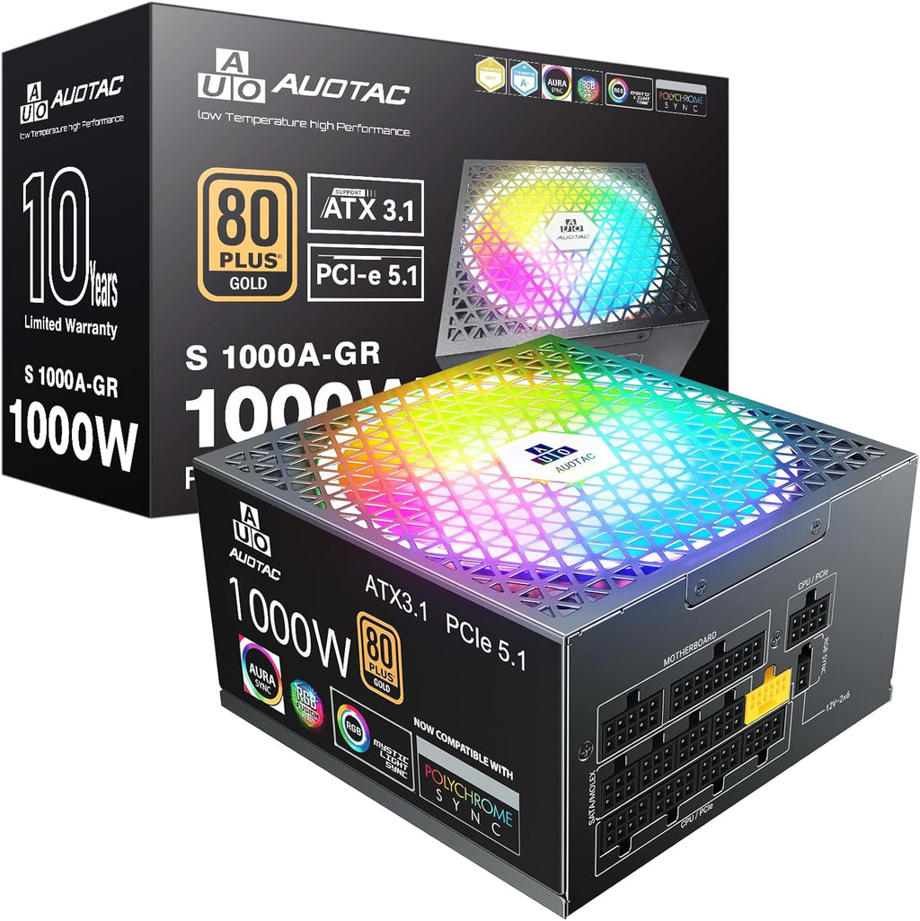 1000W Fully Modular Power Supply, 80+ Gold Certified PSU, ATX 3.1 & PCIe 5.1 Ready, 12V-2x6 Native Connector, 140mm RGB Low-Noise Smart Fan, 105℃ Japanese Capacitors, Black