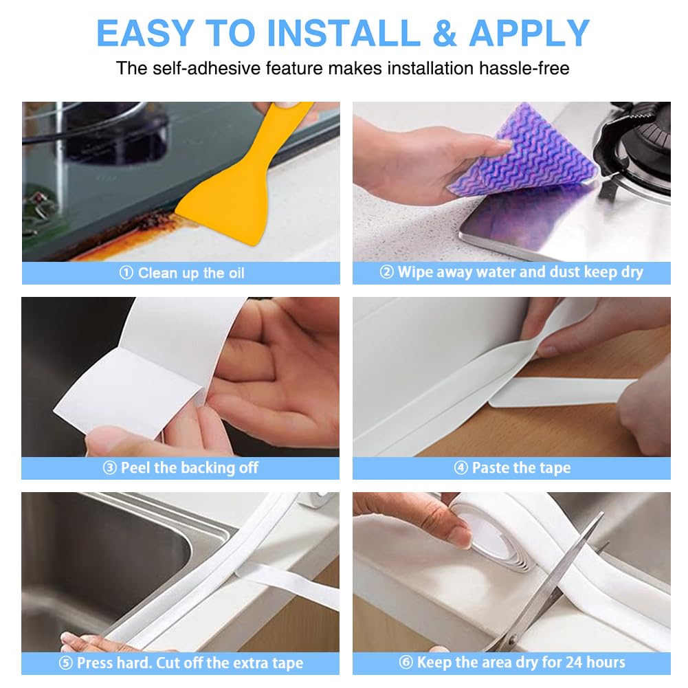 2 Rolls Caulk Tape Self Adhesive, Bathroom Waterproof White Caulking Sealant Strip Peel & Stick Wallpaper Floor Tile Toilet Tub Sink Backsplash Kitchen Wall Decor, Easier to Use Than Silicone Caulk