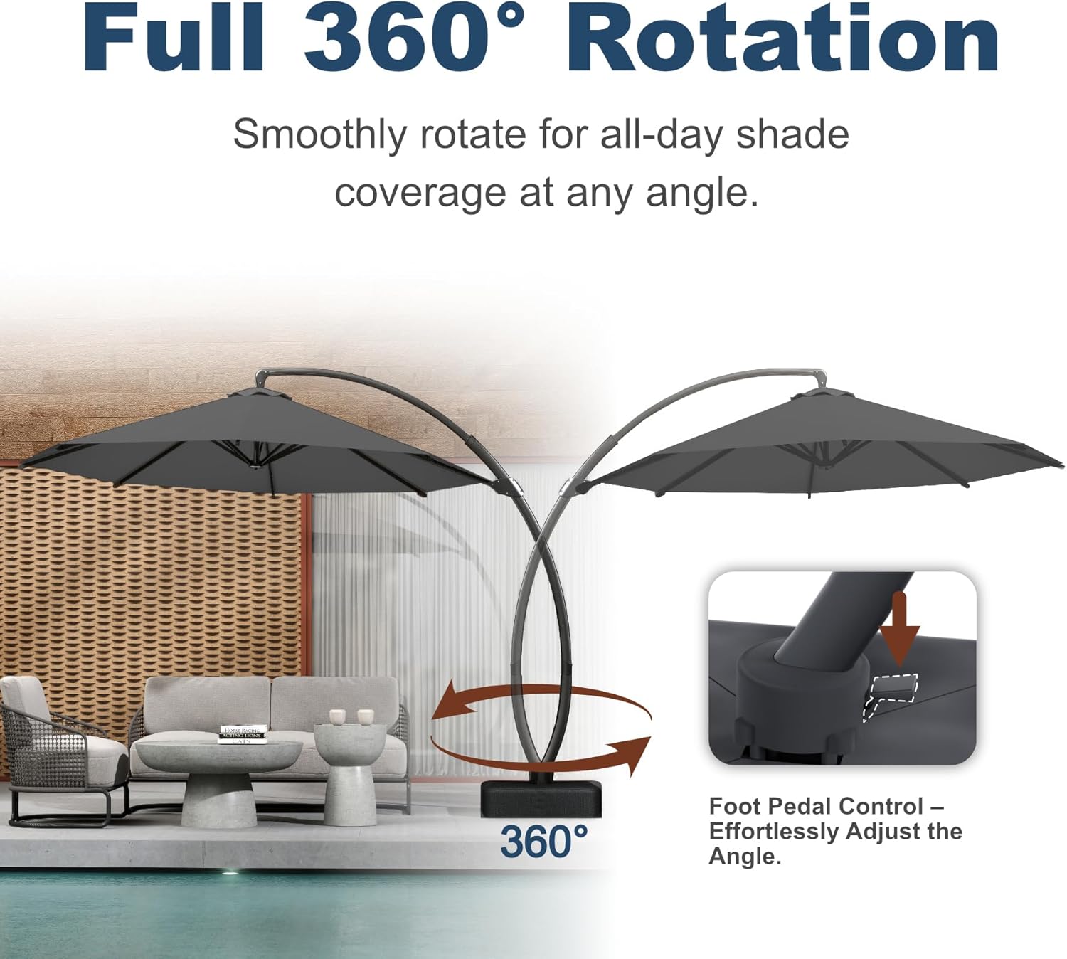 12FT Cantilever Umbrella with Base Large Curvy Outdoor Aluminum Offset Umbrella w/ 360° Rotation, UV Resistant Canopy for Patio, Garden, Backyard, Grey